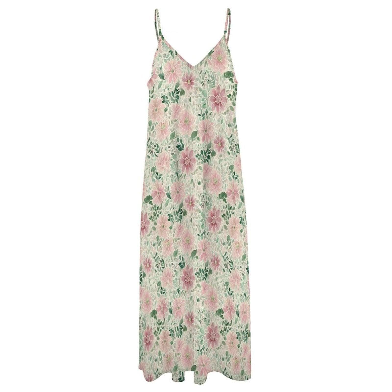 Pink Watercolor Floral Maxi Dress, Spaghetti Strap V Neck Summer Sundress