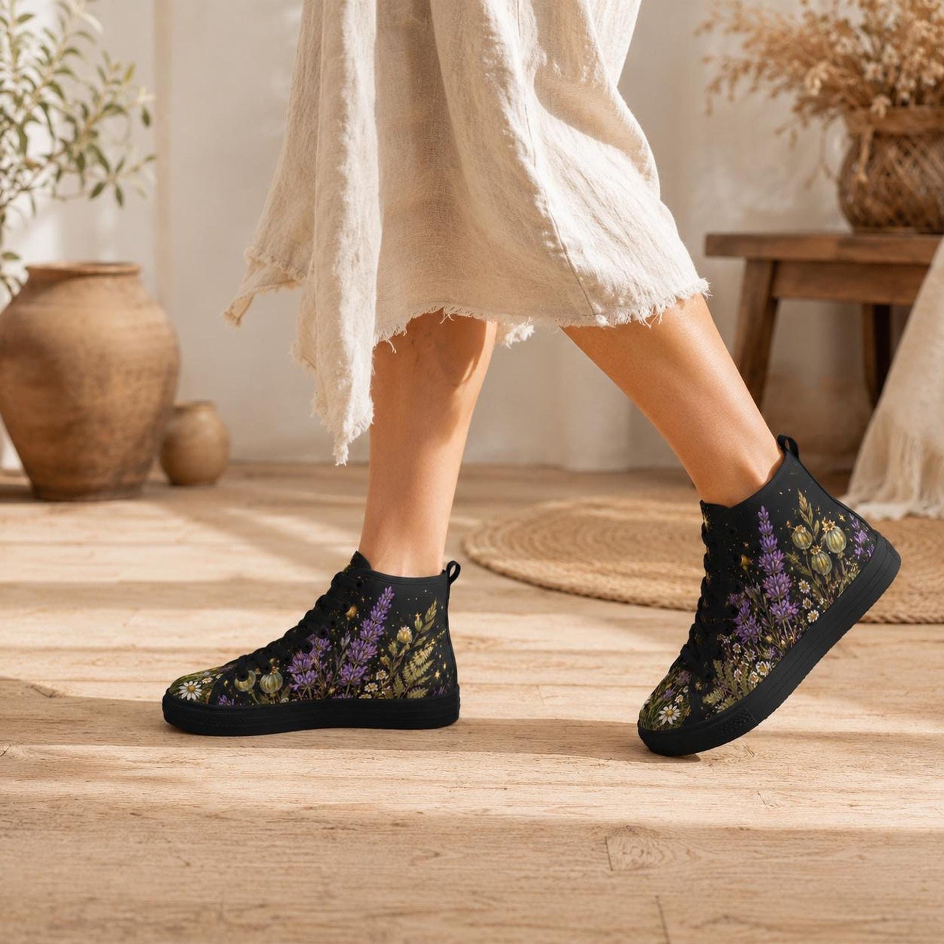 Black Botanical Lavender Floral High Top Sneakers, Cottagecore Wildflower Canvas Shoes