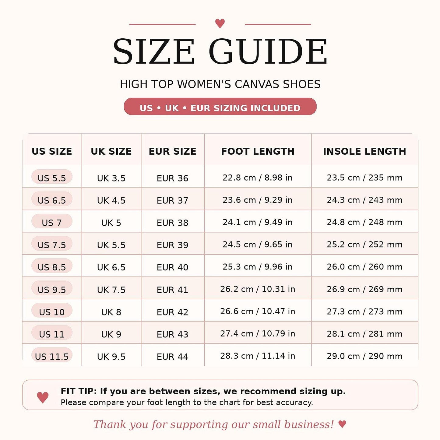 The image is a size guide for high top women's canvas shoes, providing sizes and corresponding foot lengths for various countries and shoe styles.
