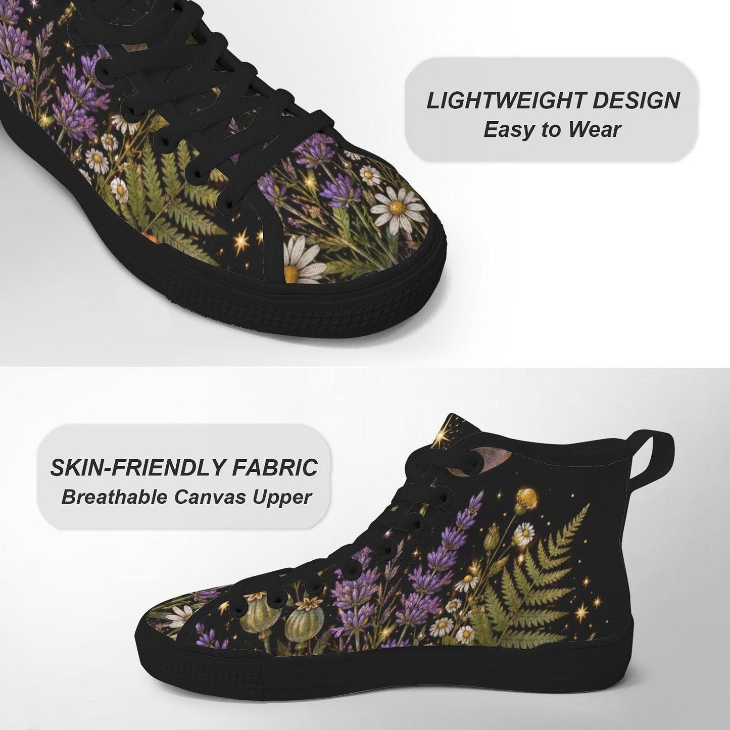 Black Botanical Lavender Floral High Top Sneakers, Cottagecore Wildflower Canvas Shoes