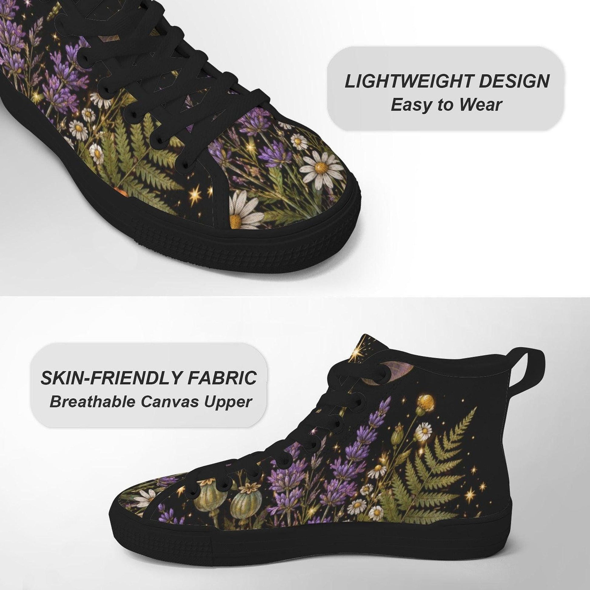 Black Botanical Lavender Floral High Top Sneakers, Cottagecore Wildflower Canvas Shoes