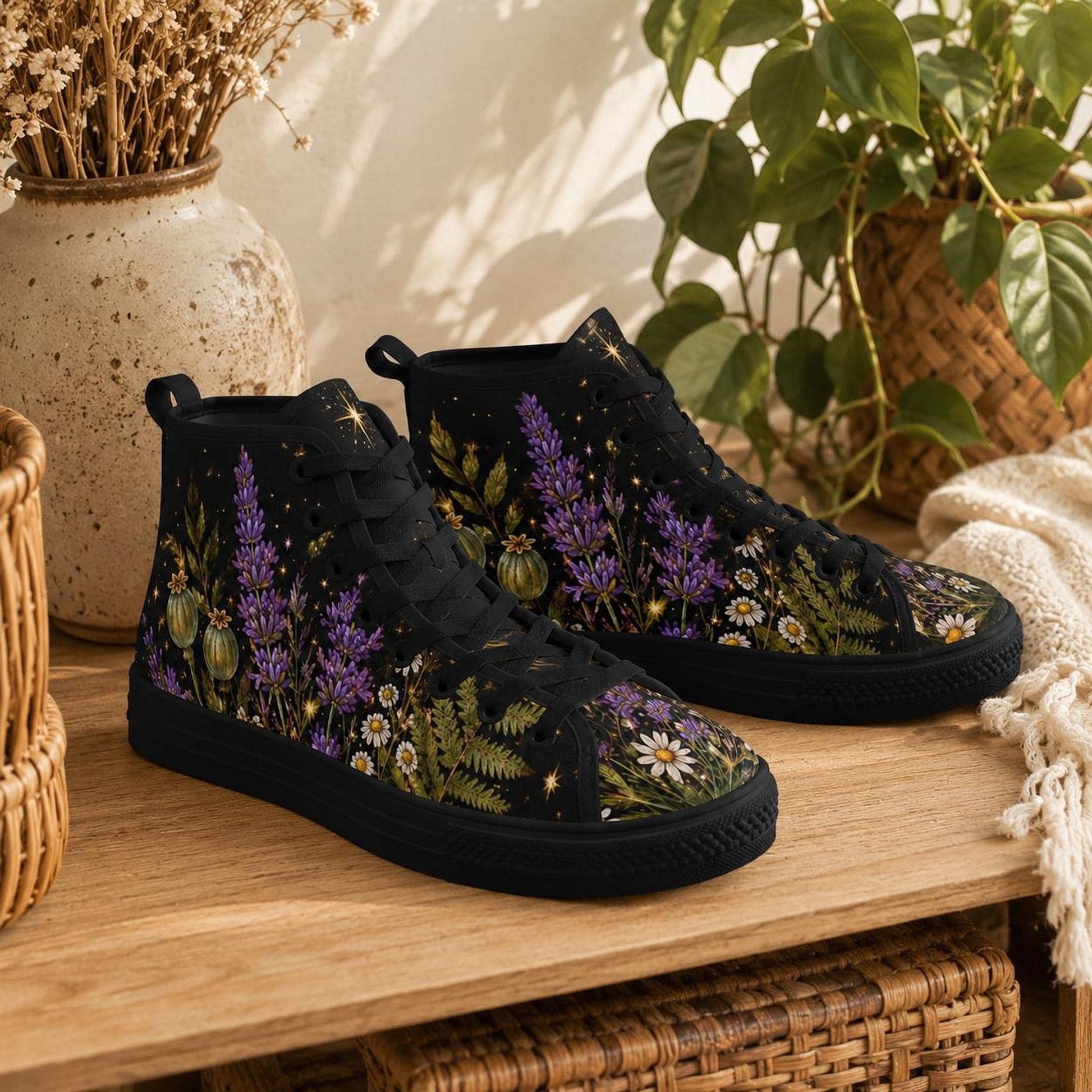Black Botanical Lavender Floral High Top Sneakers, Cottagecore Wildflower Canvas Shoes