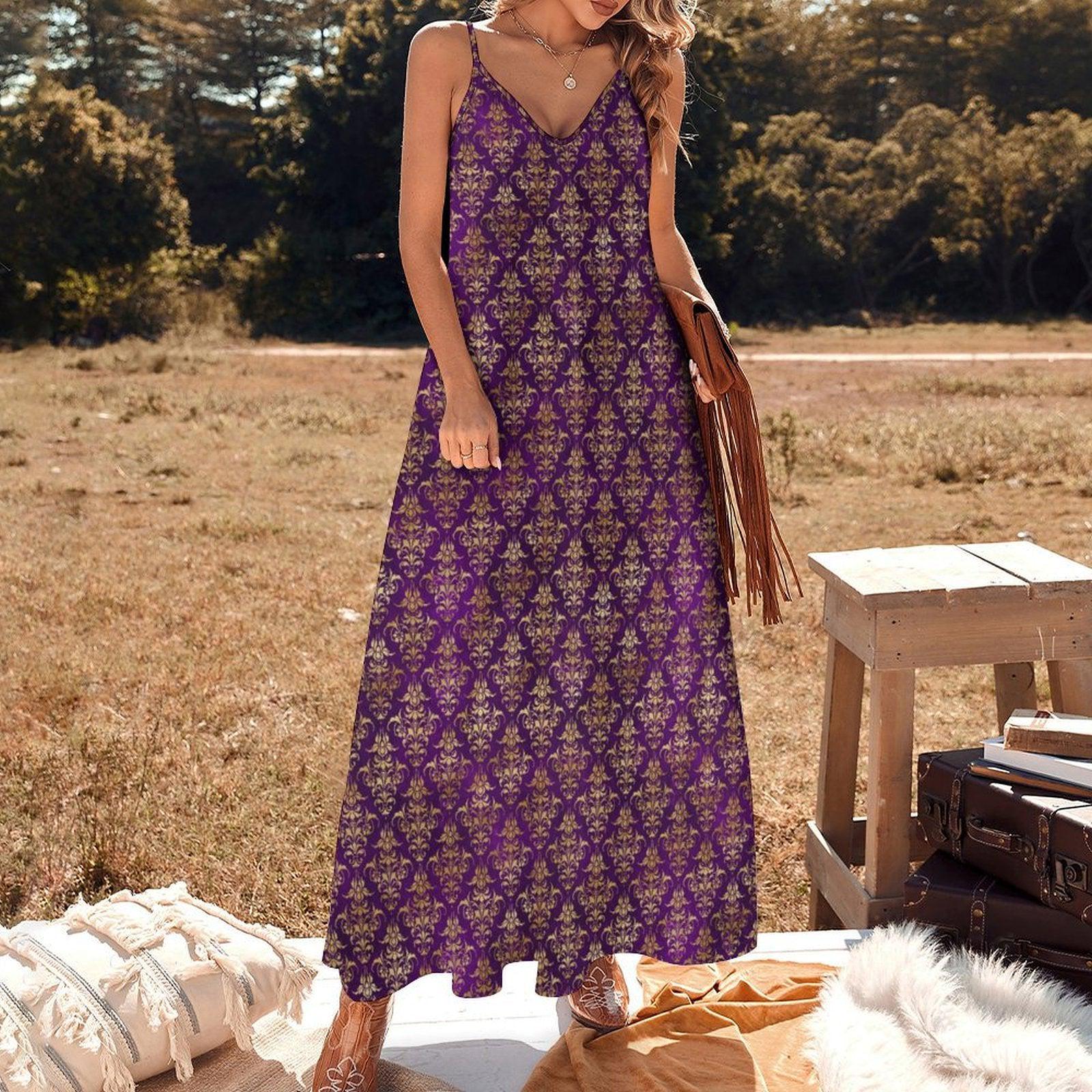 Purple Damask Maxi Dress, Royal Gold Baroque Print, Mardi Gras Festival Sundress
