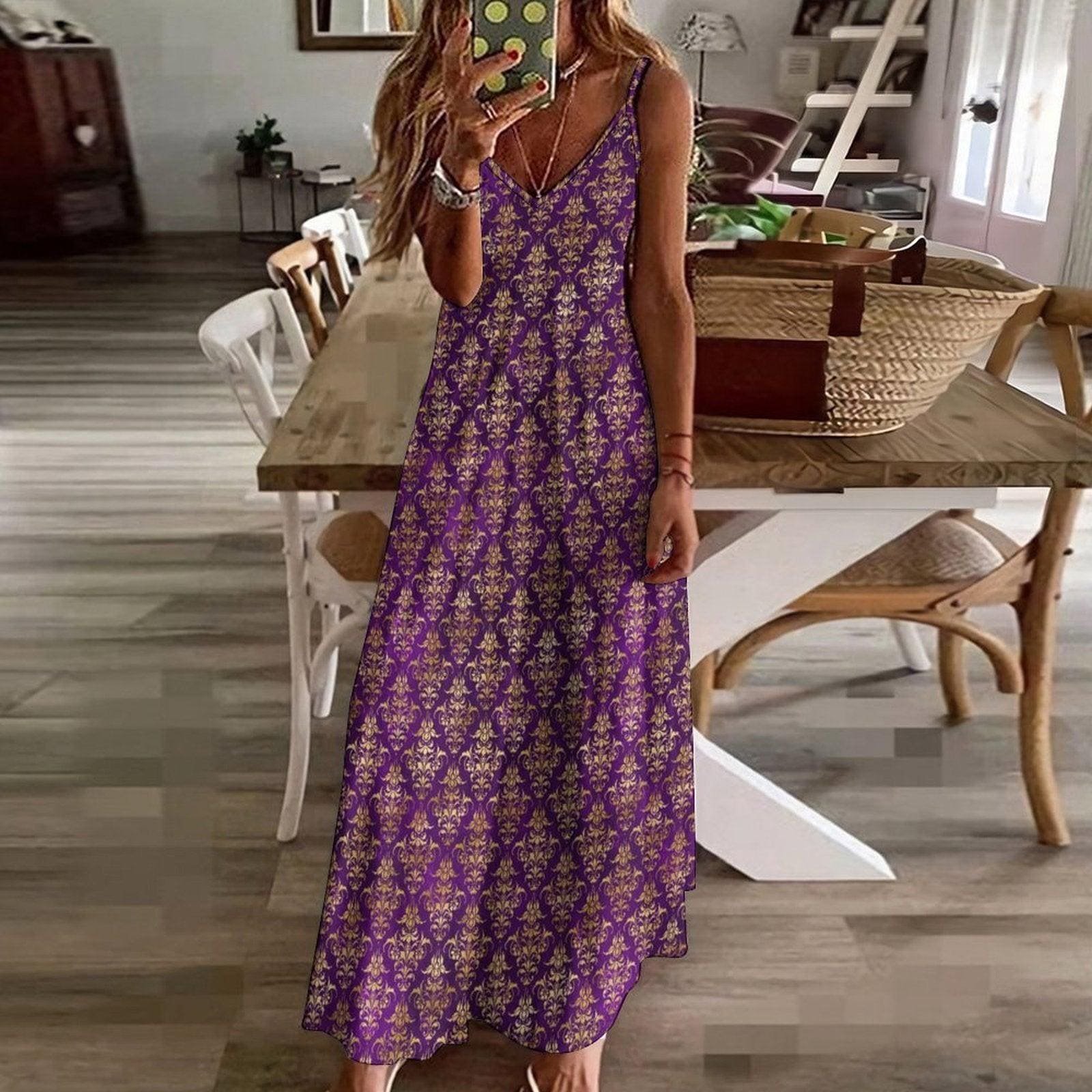 Purple Damask Maxi Dress, Royal Gold Baroque Print, Mardi Gras Festival Sundress