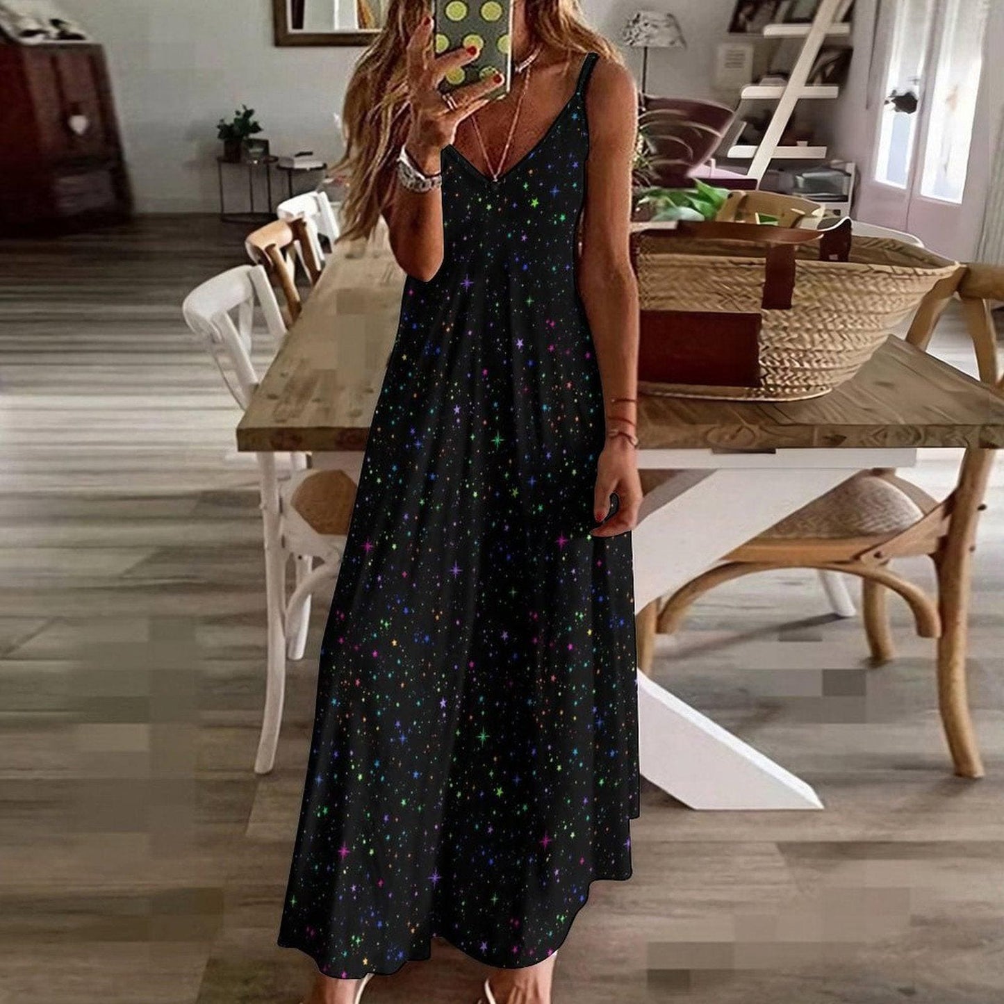 Black Rainbow Star Maxi Dress, Galaxy Print Celestial Sundress, Festival Concert Wear