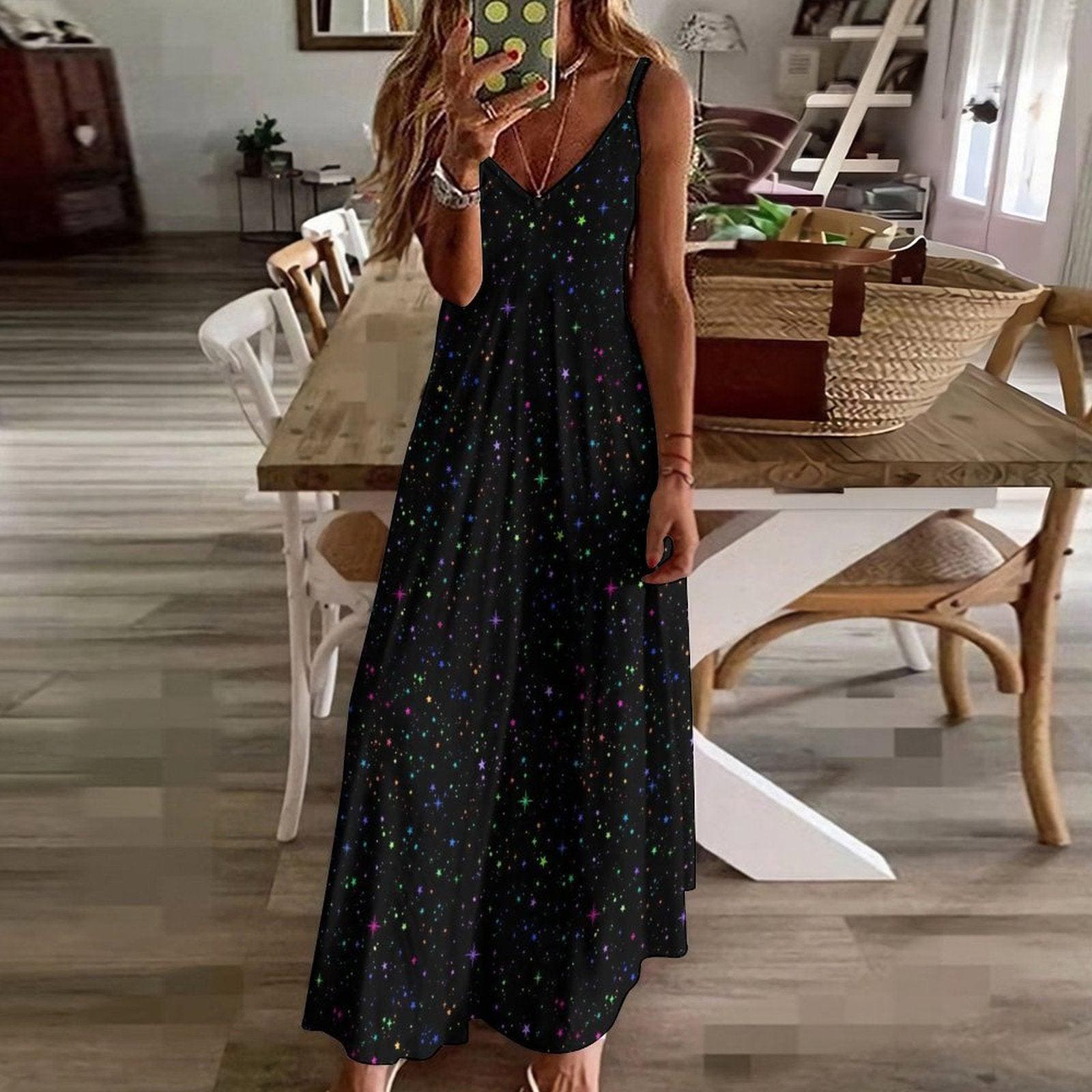 Black Rainbow Star Maxi Dress, Galaxy Print Celestial Sundress, Festival Concert Wear
