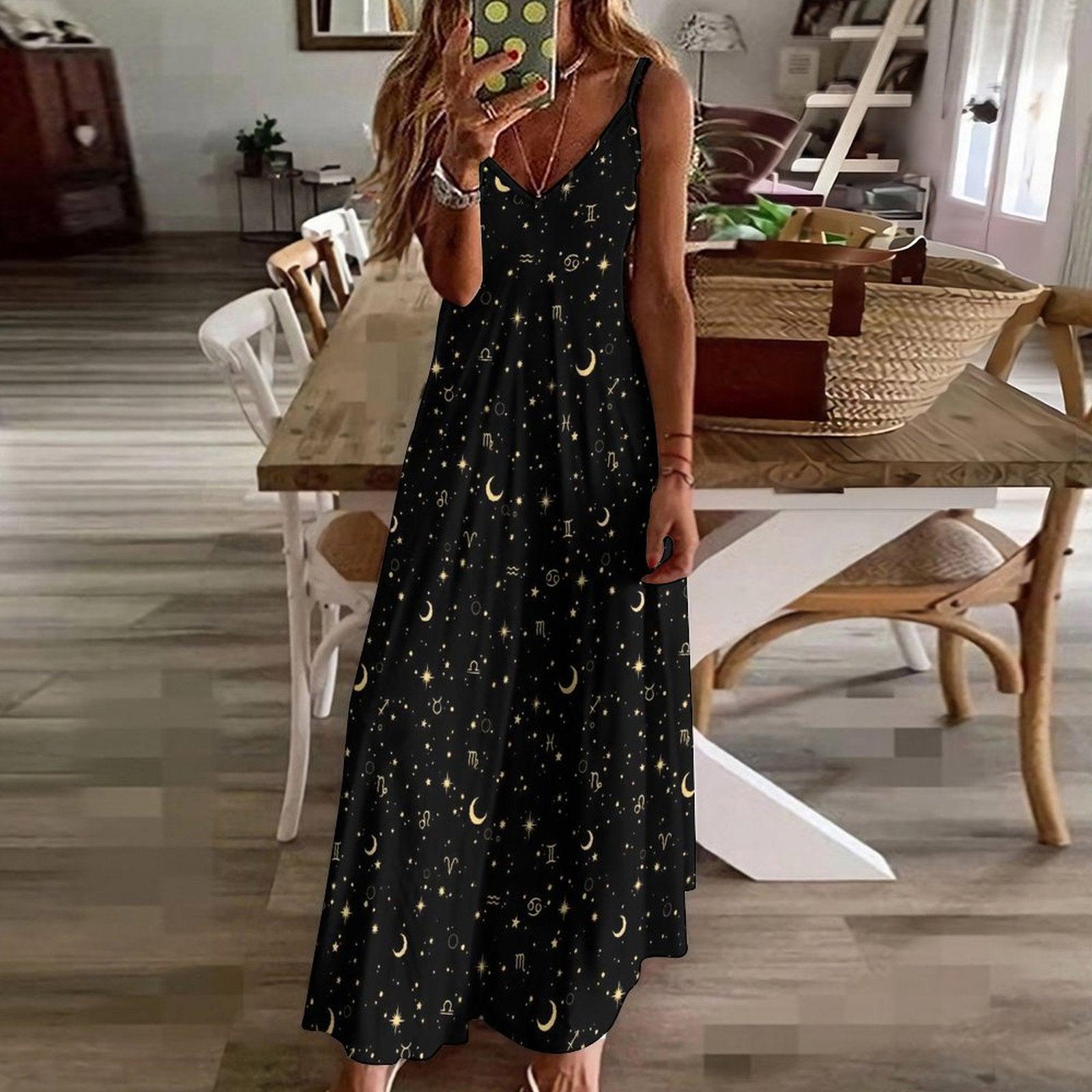 Black Celestial Maxi Dress, Zodiac Moon Star Whimsigoth Sundress