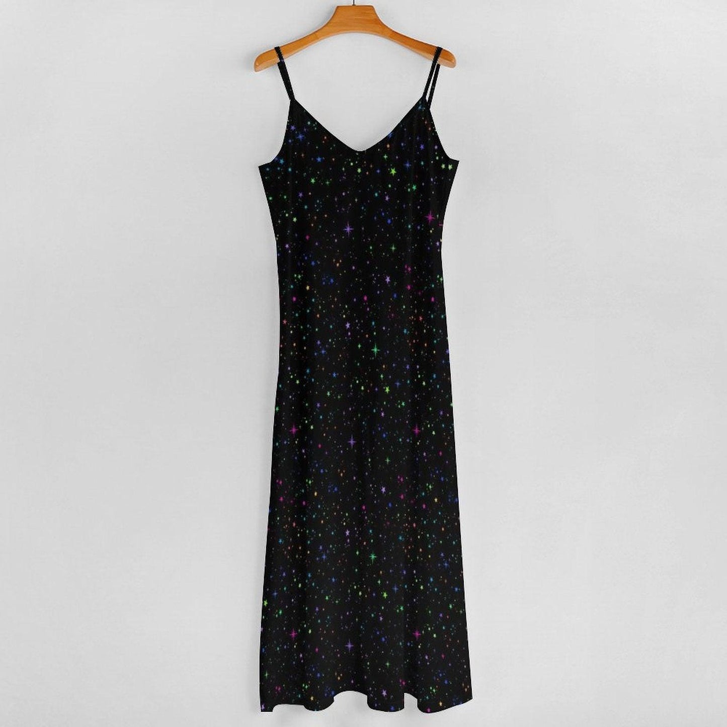 Black Rainbow Star Maxi Dress, Galaxy Print Celestial Sundress, Festival Concert Wear