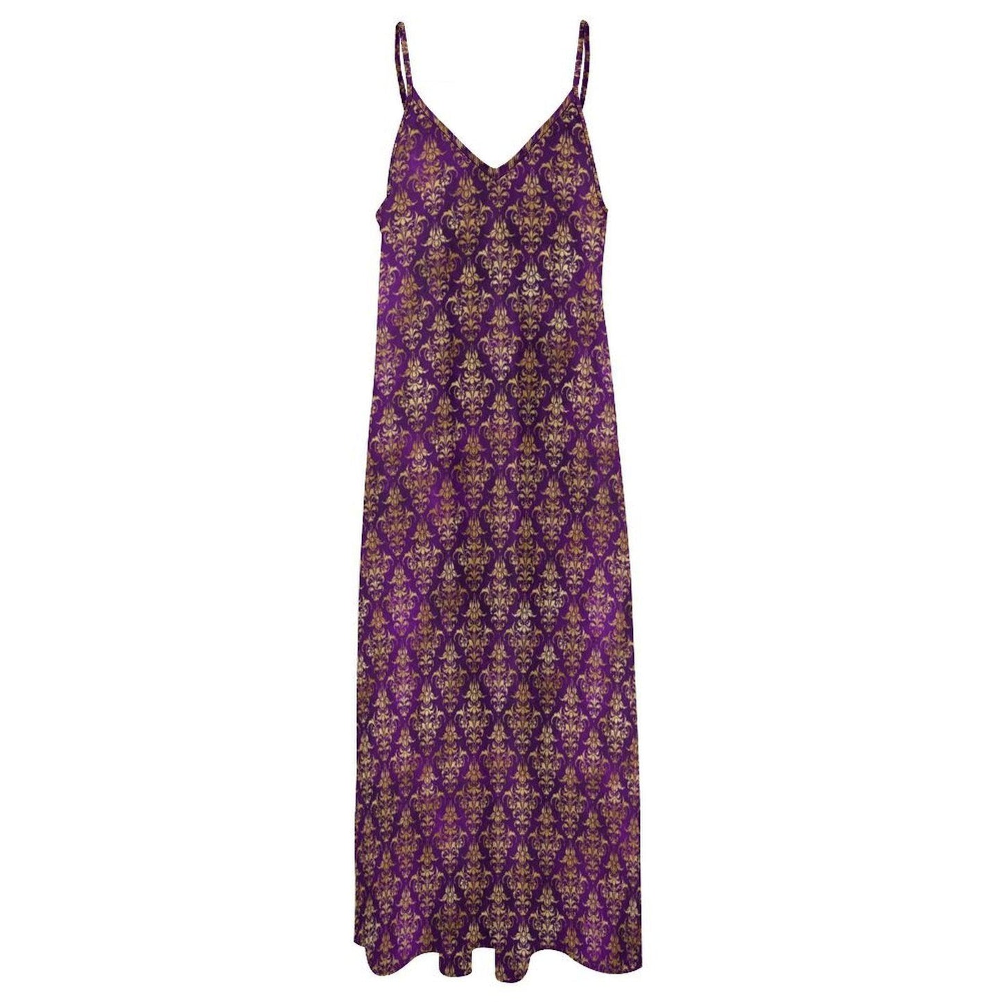Purple Damask Maxi Dress, Royal Gold Baroque Print, Mardi Gras Festival Sundress