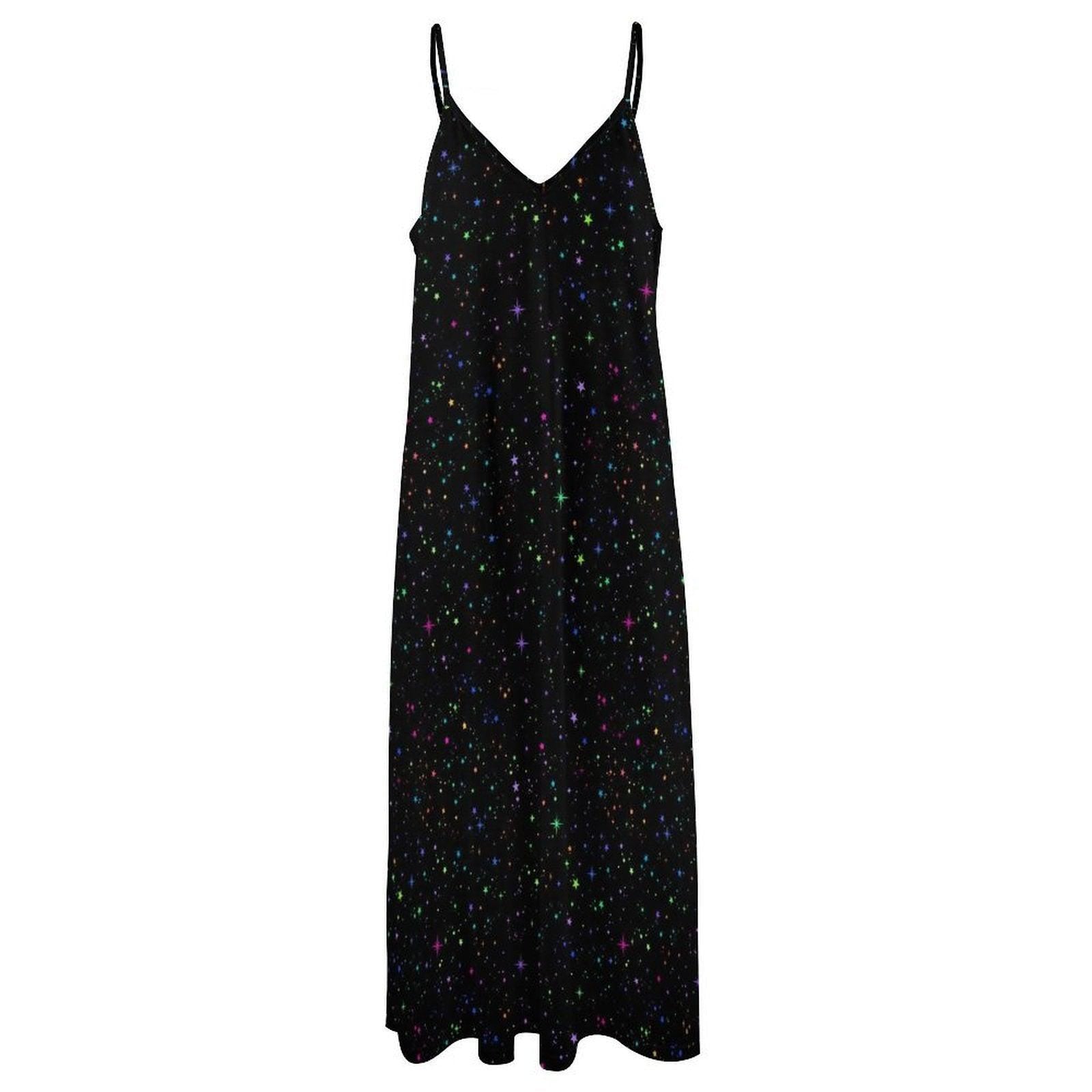 Black Rainbow Star Maxi Dress, Galaxy Print Celestial Sundress, Festival Concert Wear