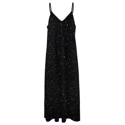 Black Rainbow Star Maxi Dress, Galaxy Print Celestial Sundress, Festival Concert Wear