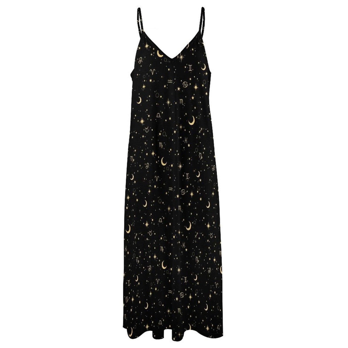 Black Celestial Maxi Dress, Zodiac Moon Star Whimsigoth Sundress