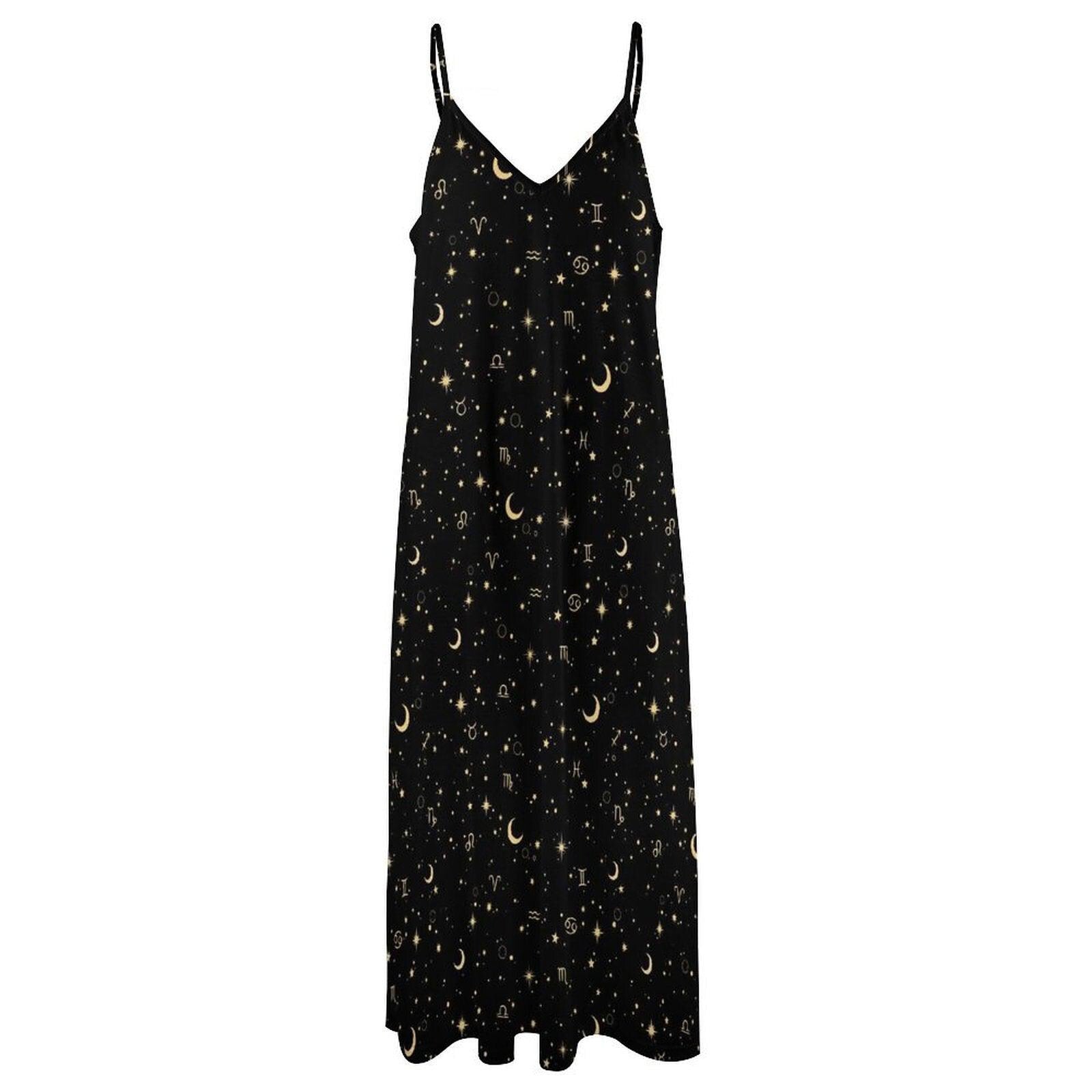 Black Celestial Maxi Dress, Zodiac Moon Star Whimsigoth Sundress