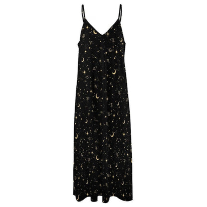Black Celestial Maxi Dress, Zodiac Moon Star Whimsigoth Sundress