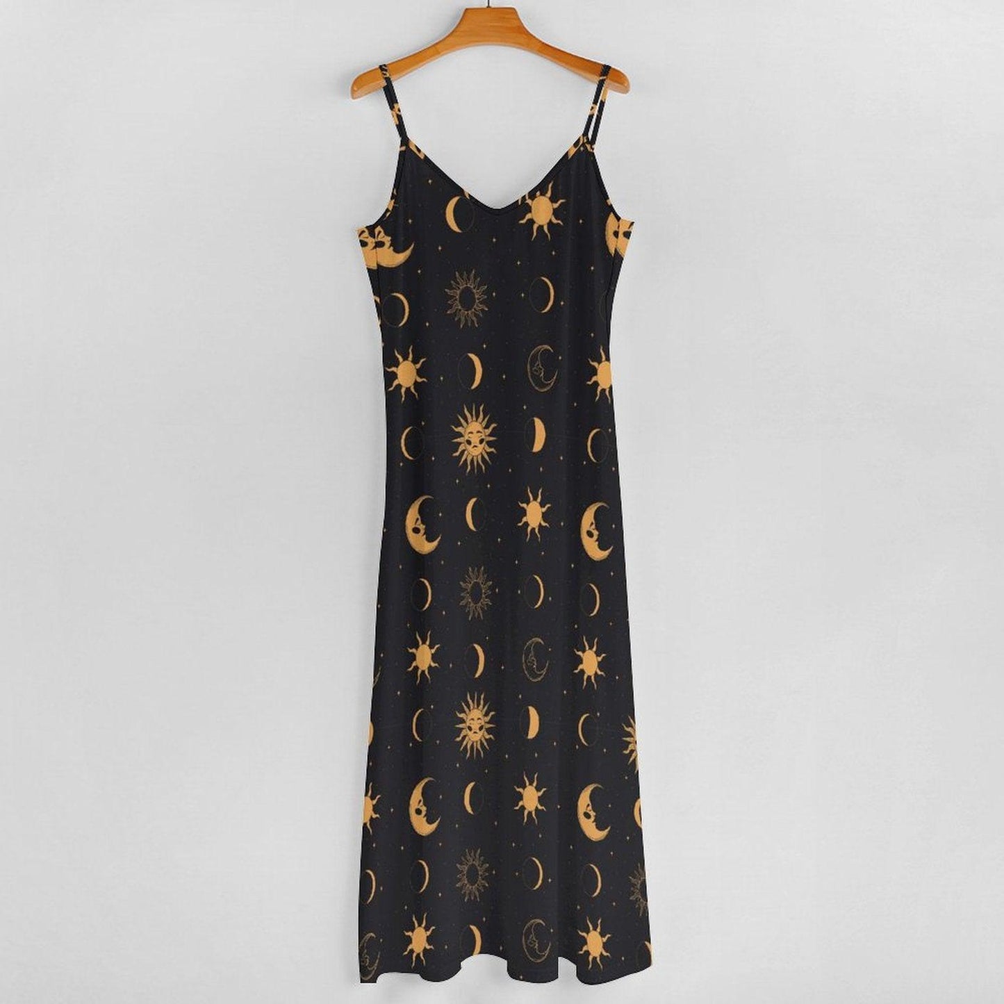 Black Gold Celestial Maxi Dress, Sun Moon Boho Sundress, Flowy Festival Beach Style