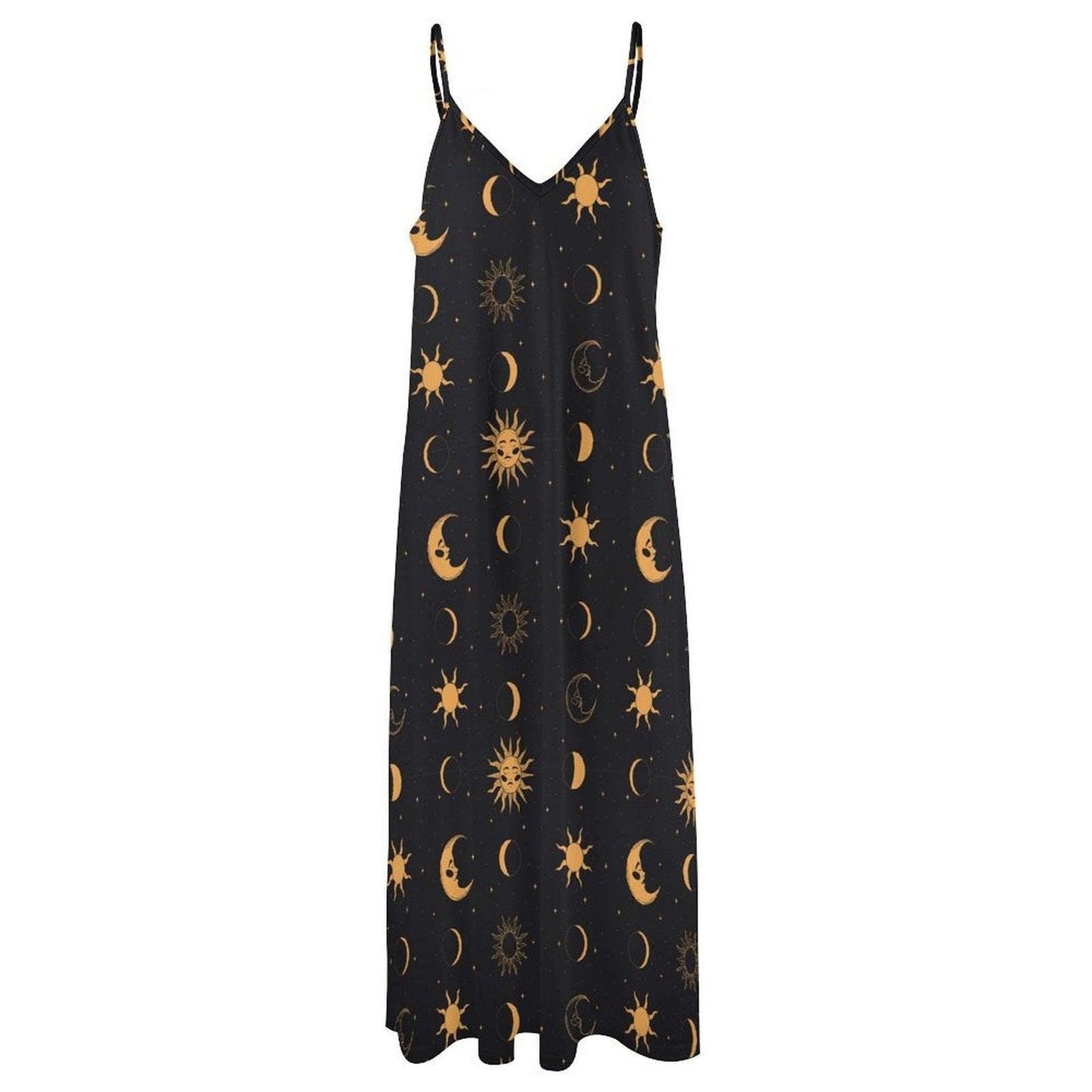 Black Gold Celestial Maxi Dress, Sun Moon Boho Sundress, Flowy Festival Beach Style