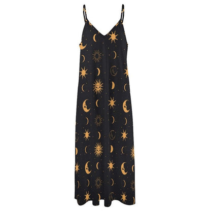 Black Gold Celestial Maxi Dress, Sun Moon Boho Sundress, Flowy Festival Beach Style