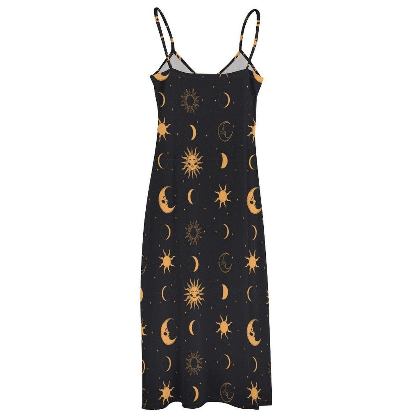 Black Gold Celestial Maxi Dress, Sun Moon Boho Sundress, Flowy Festival Beach Style
