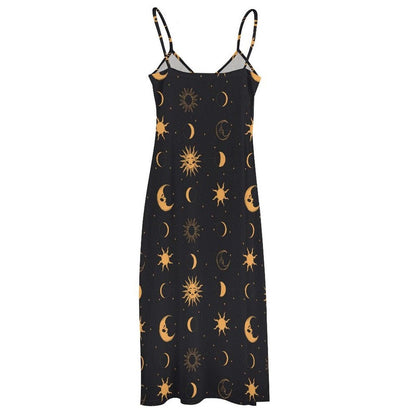 Black Gold Celestial Maxi Dress, Sun Moon Boho Sundress, Flowy Festival Beach Style