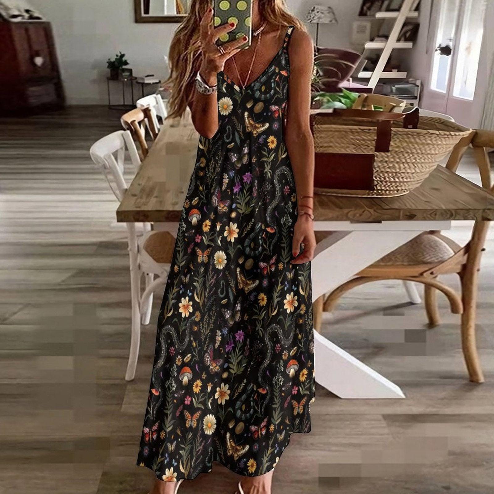 Mushroom Botanical Print Maxi Dress, Dark Cottagecore Slip Sundress Butterflies