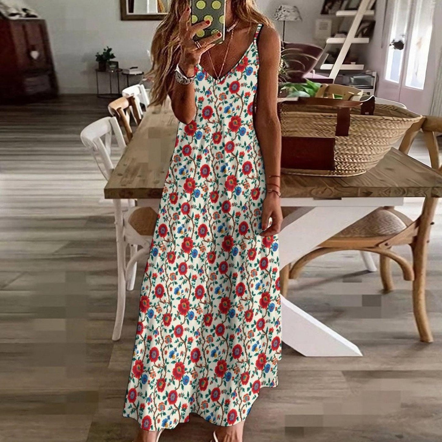 Cream and Red Poppy Floral Print Maxi Dress with Spaghetti Straps