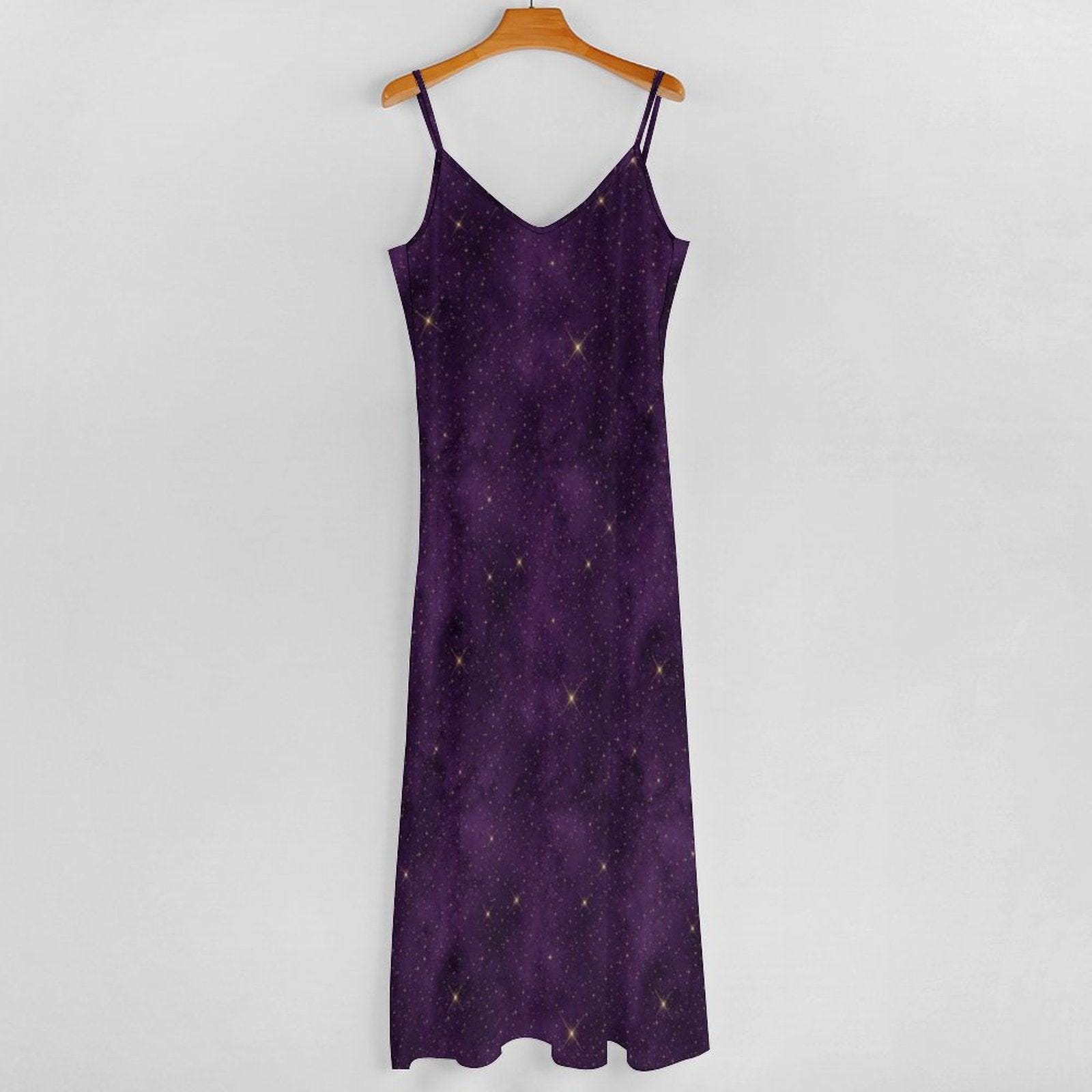 Purple Galaxy Celestial Maxi Dress, Witchy Cosmic Star Print Sundress