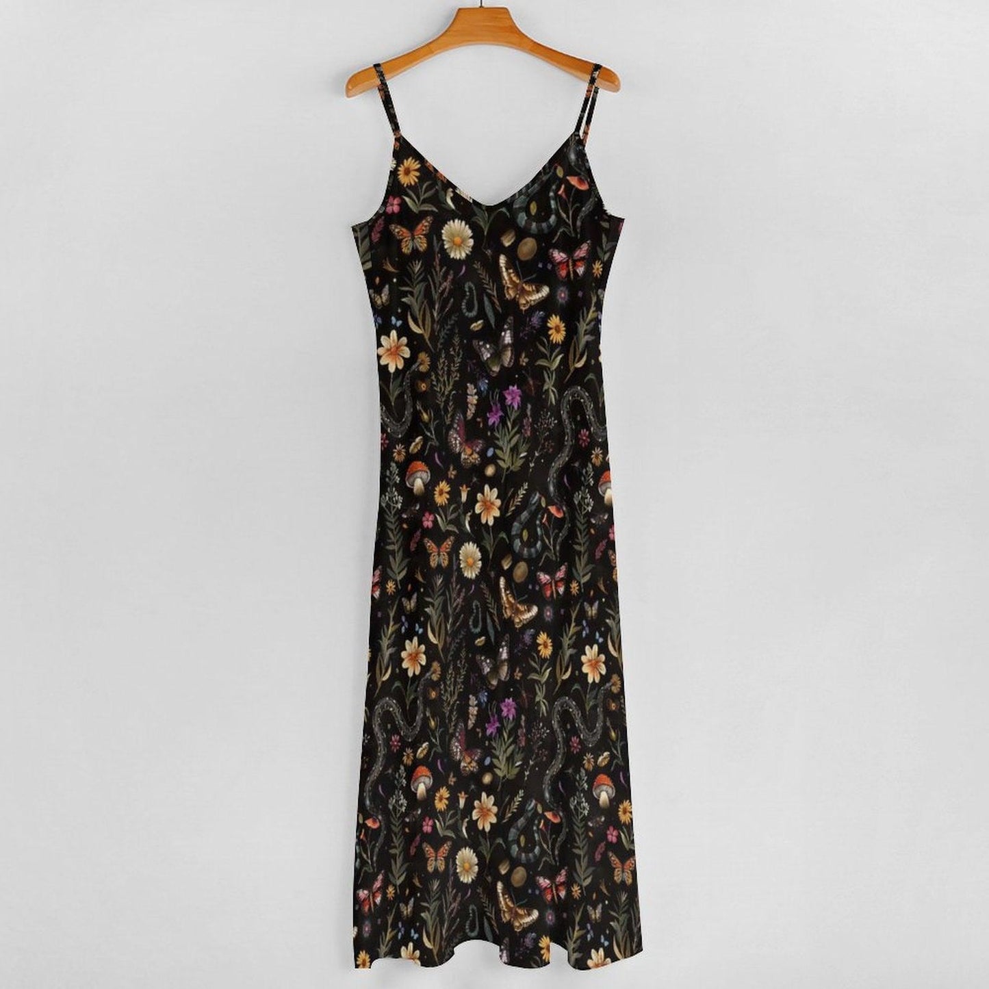 Mushroom Botanical Print Maxi Dress, Dark Cottagecore Slip Sundress Butterflies