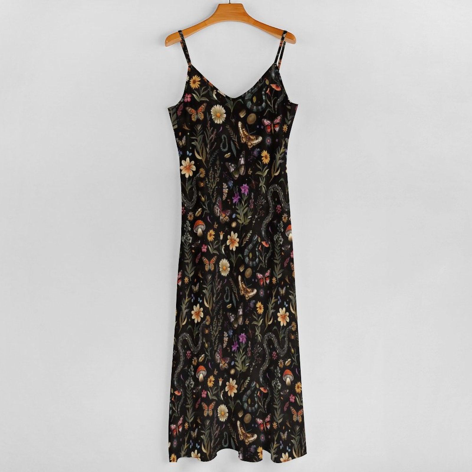 Mushroom Botanical Print Maxi Dress, Dark Cottagecore Slip Sundress Butterflies