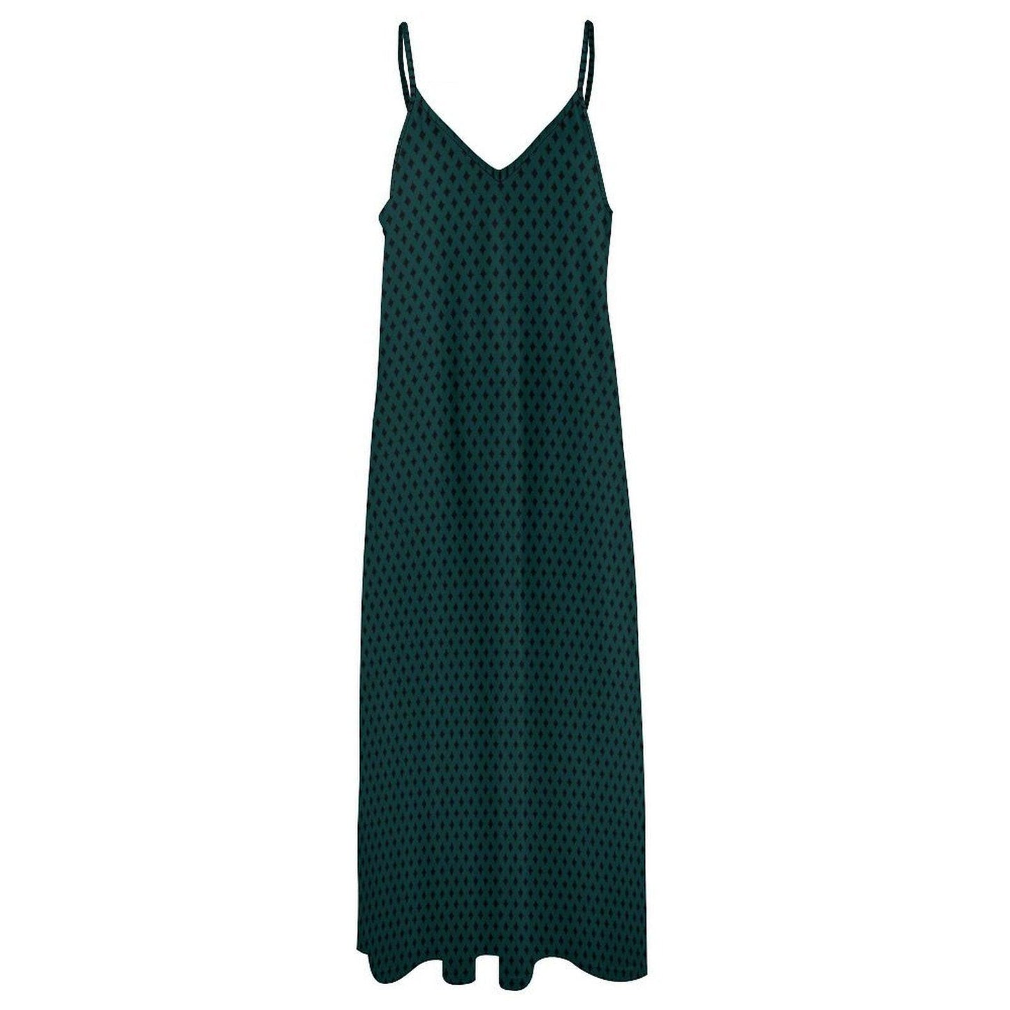 Emerald Green Diamond Print Boho Maxi Dress, Flowy V Neck Sundress