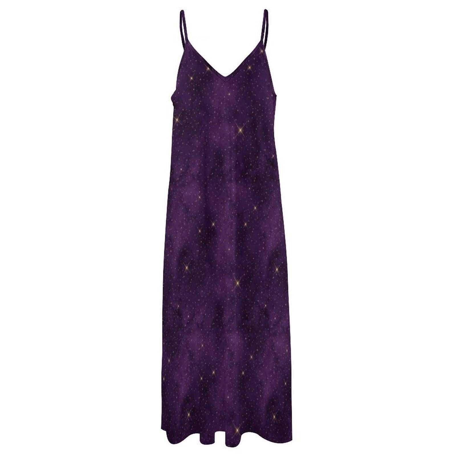 Purple Galaxy Celestial Maxi Dress, Witchy Cosmic Star Print Sundress