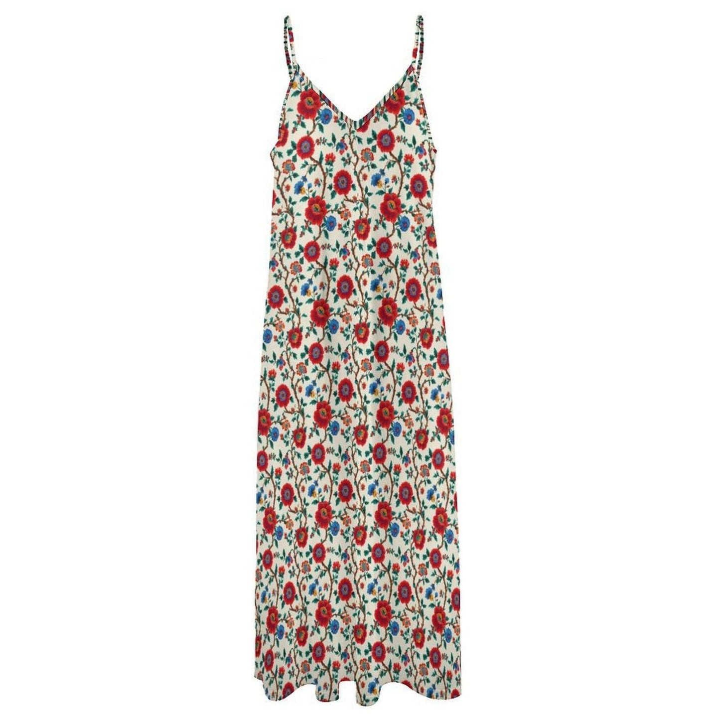 Cream and Red Poppy Floral Print Maxi Dress with Spaghetti Straps