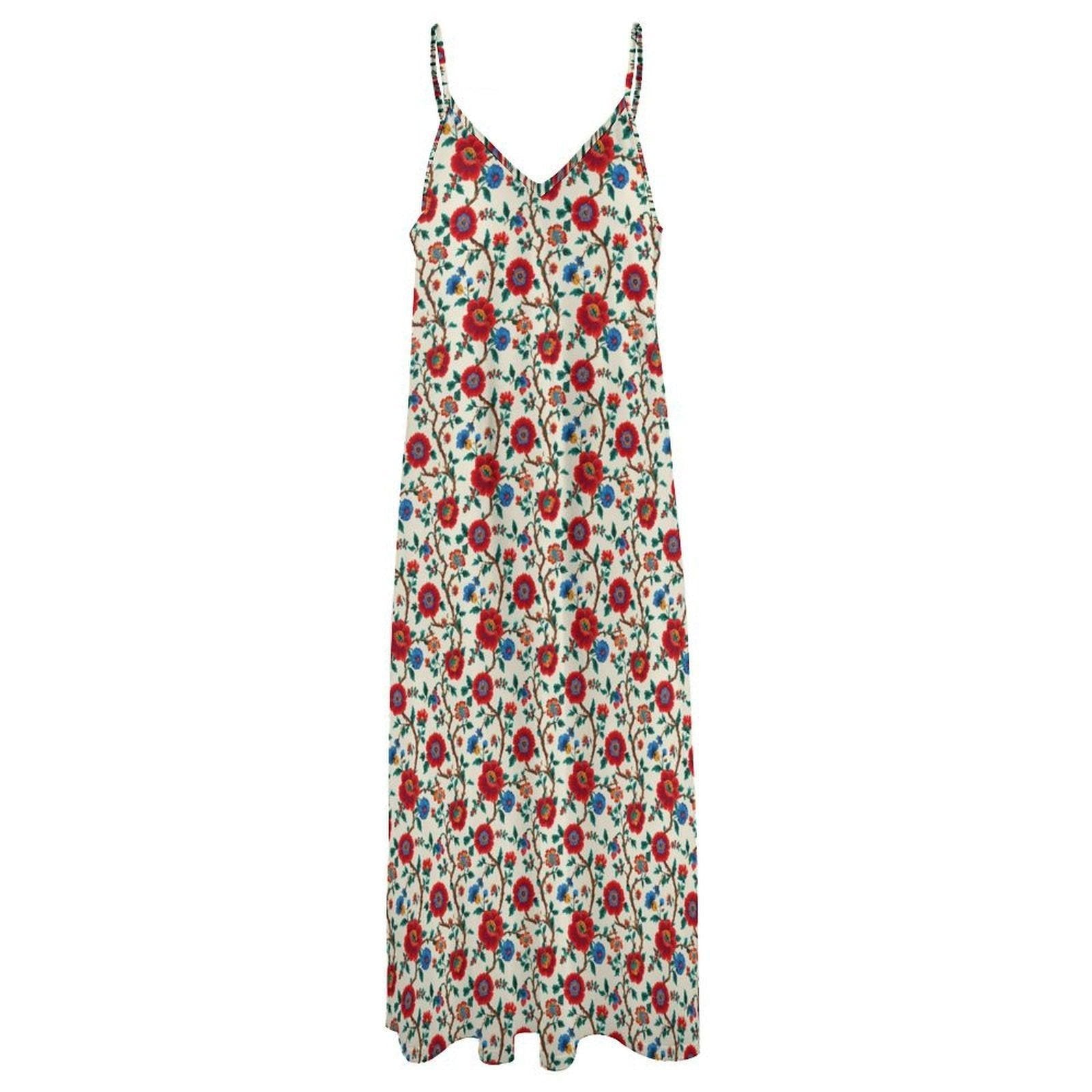 Cream and Red Poppy Floral Print Maxi Dress with Spaghetti Straps