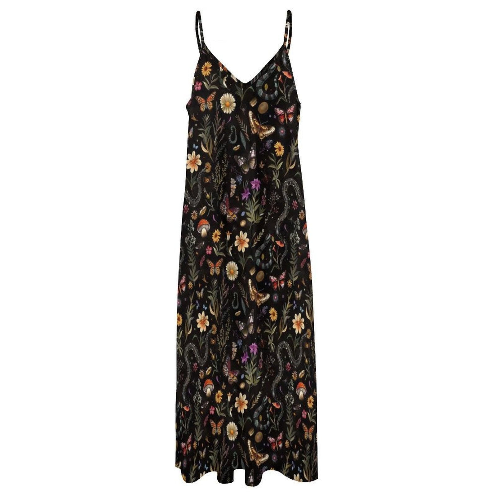Mushroom Botanical Print Maxi Dress, Dark Cottagecore Slip Sundress Butterflies