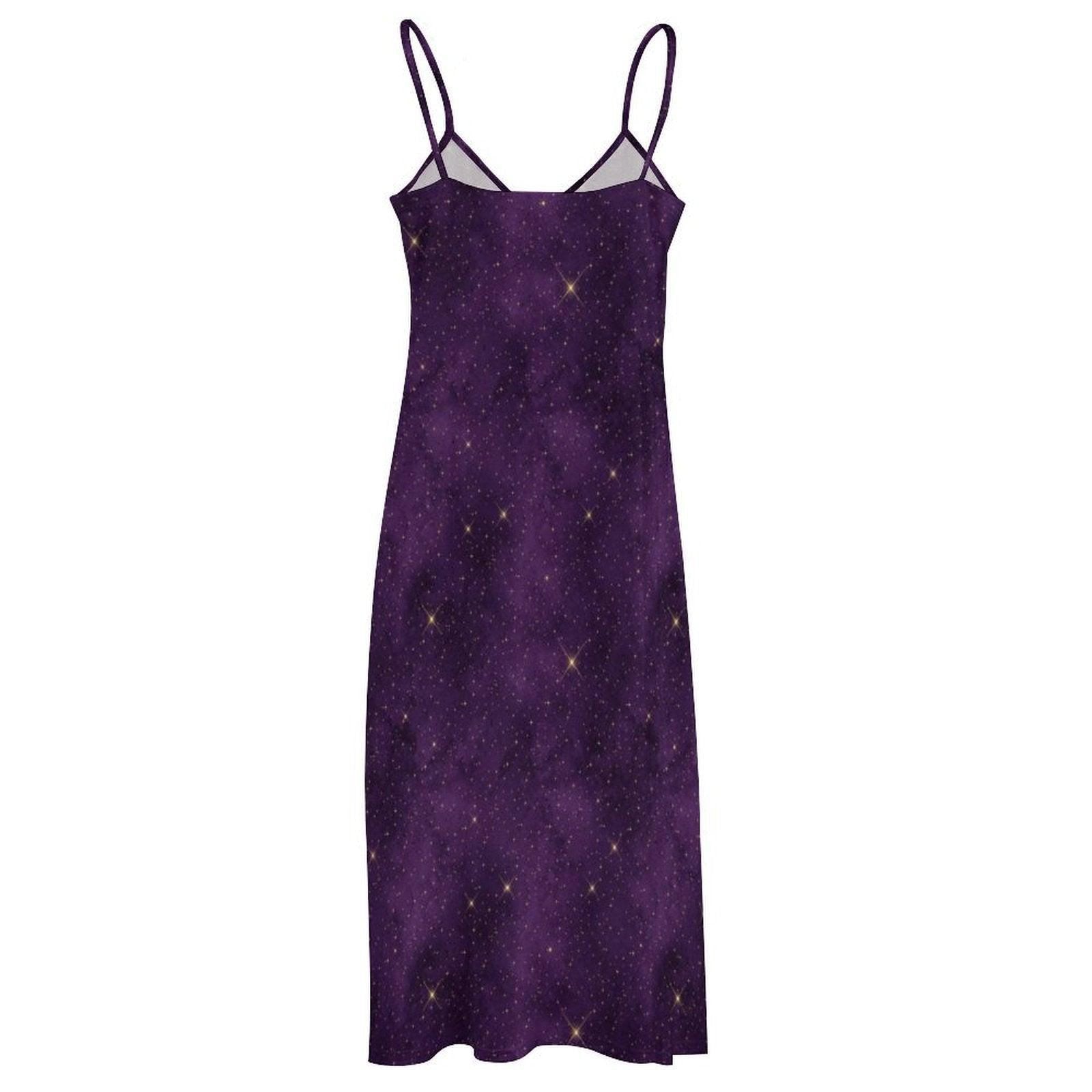 Purple Galaxy Celestial Maxi Dress, Witchy Cosmic Star Print Sundress