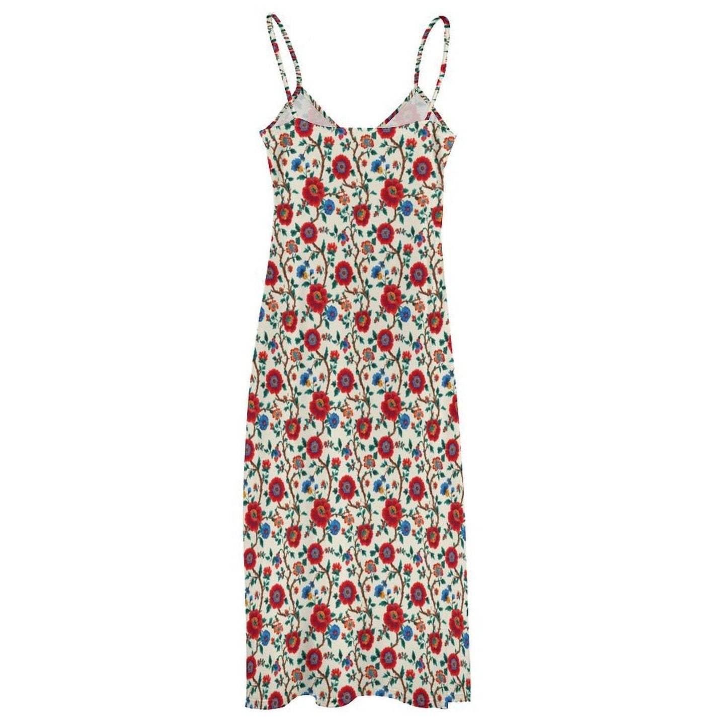 Cream and Red Poppy Floral Print Maxi Dress with Spaghetti Straps