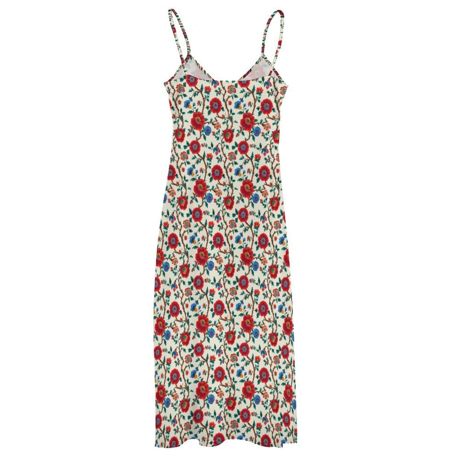 Cream and Red Poppy Floral Print Maxi Dress with Spaghetti Straps