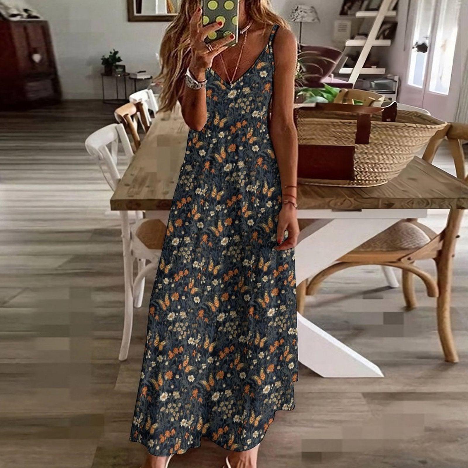 Navy Wildflower and Butterfly Print Maxi Dress with Spaghetti Straps