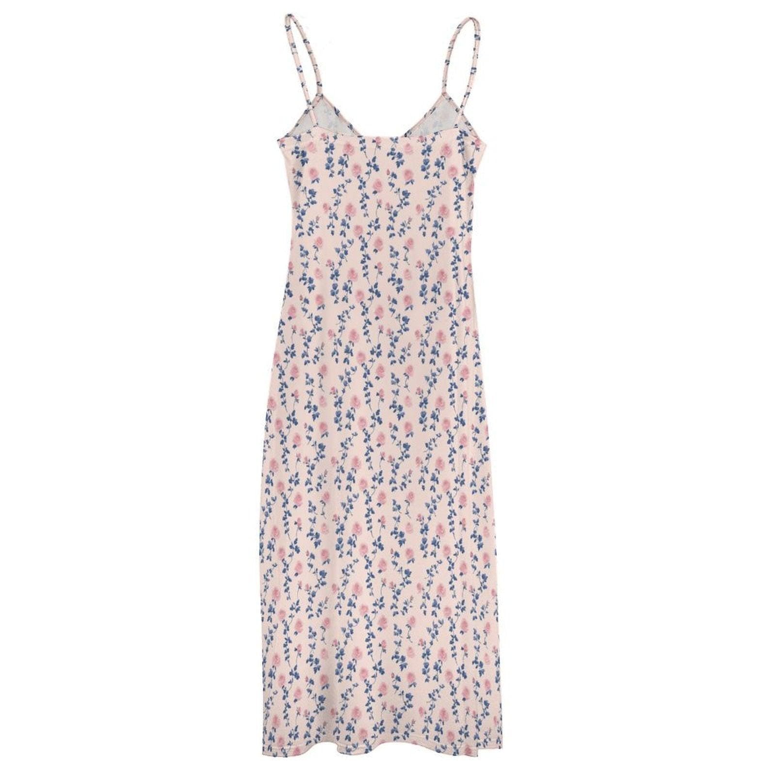 Cream Ditsy Floral Maxi Dress, Pink Blue Blossoms, Cottagecore Cami Sundress, Garden Wedding Picnic