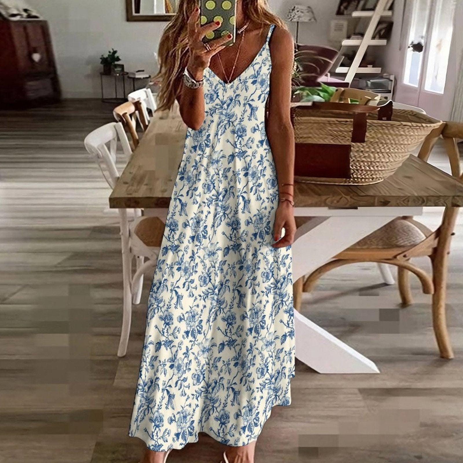 Blue White Chinoiserie Maxi Dress, Coastal Grandmother Floral Sundress, Summer Weddings