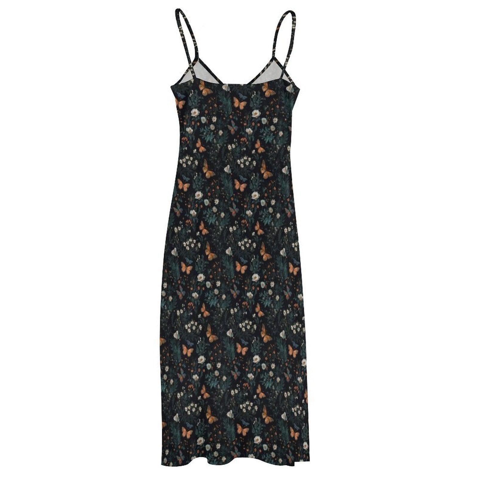 Dark Floral Butterfly Maxi Dress, Forestcore Whimsigoth Sundress, Botanical Cami