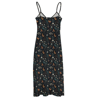 Dark Floral Butterfly Maxi Dress, Forestcore Whimsigoth Sundress, Botanical Cami