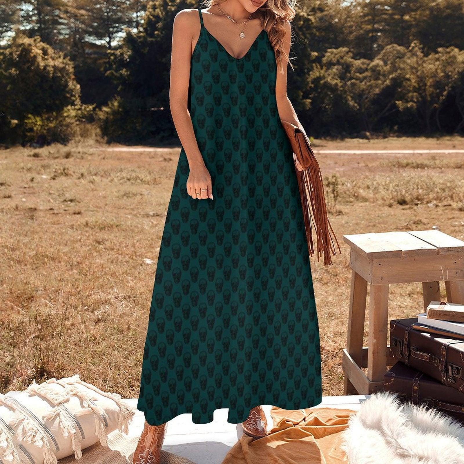 Emerald Green Skull Print Maxi Dress, Flowy V-Neck Cami Sundress