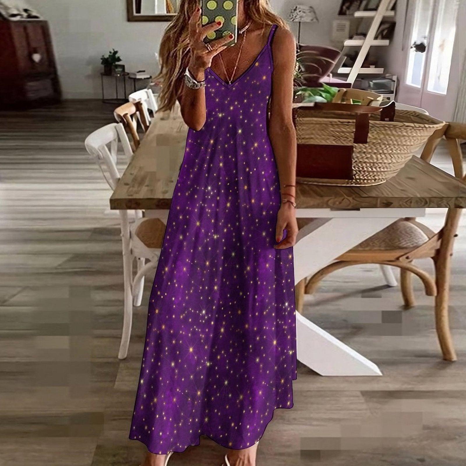 Purple Galaxy Maxi Dress, Starry Night Print Slip Sundress, Celestial V Neck Summer Nights