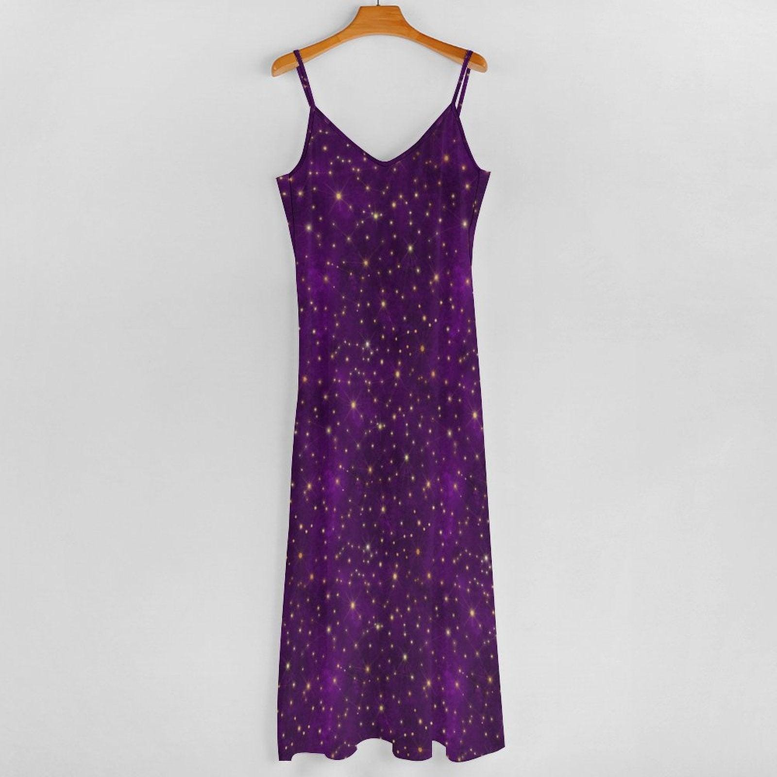 Purple Galaxy Maxi Dress, Starry Night Print Slip Sundress, Celestial V Neck Summer Nights