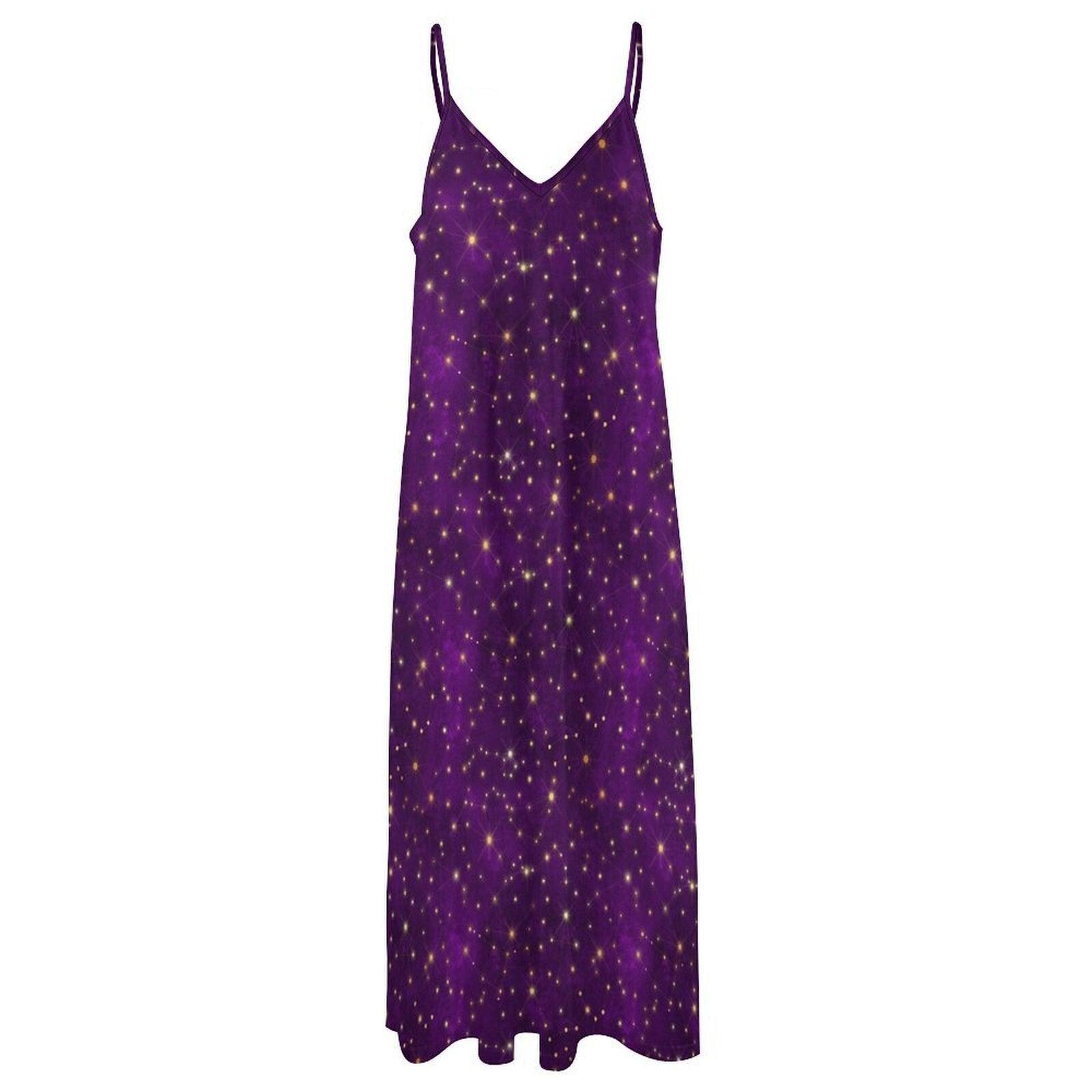 Purple Galaxy Maxi Dress, Starry Night Print Slip Sundress, Celestial V Neck Summer Nights