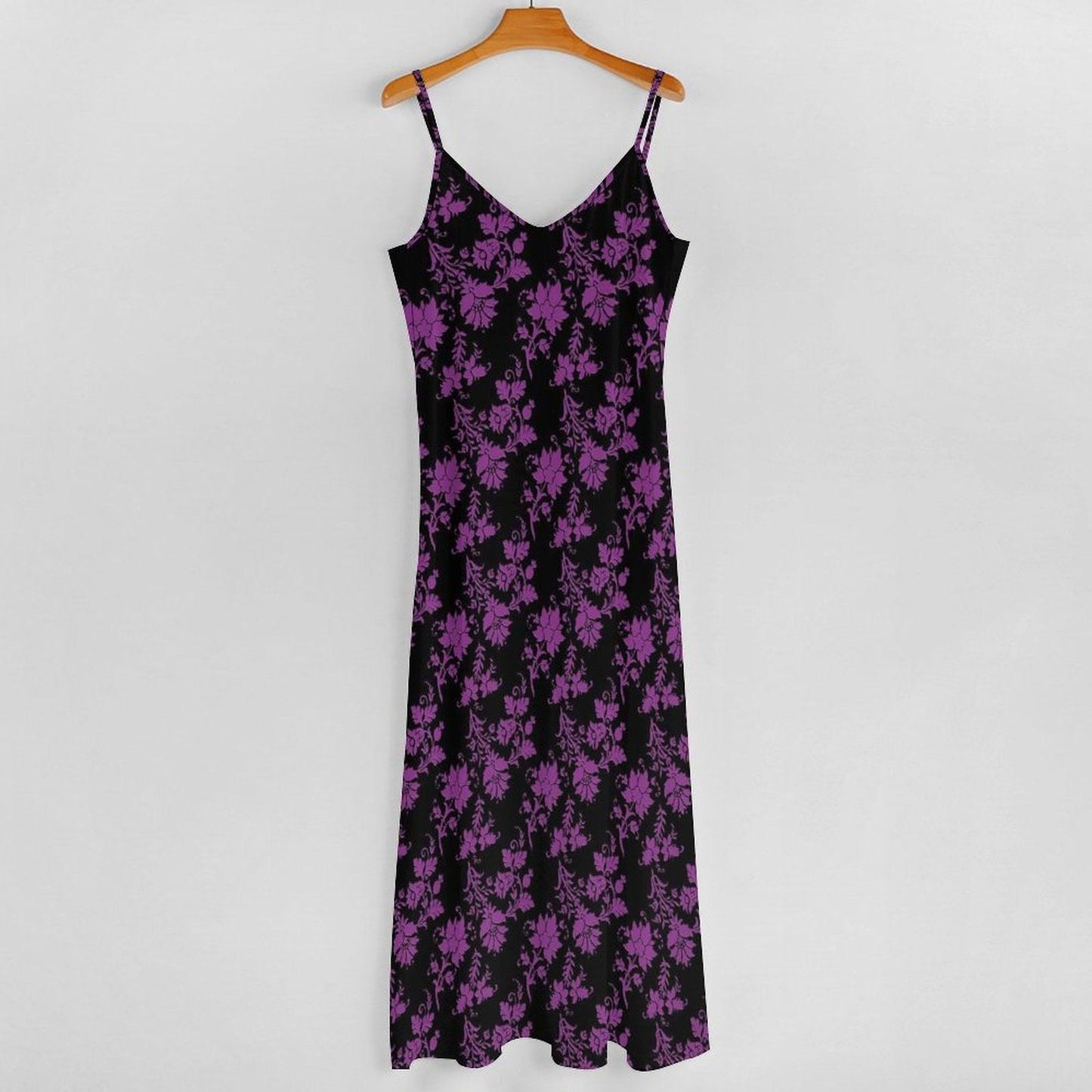 Whimsigoth Maxi Dress, Purple Floral Print, V Neck Spaghetti Strap Sundress