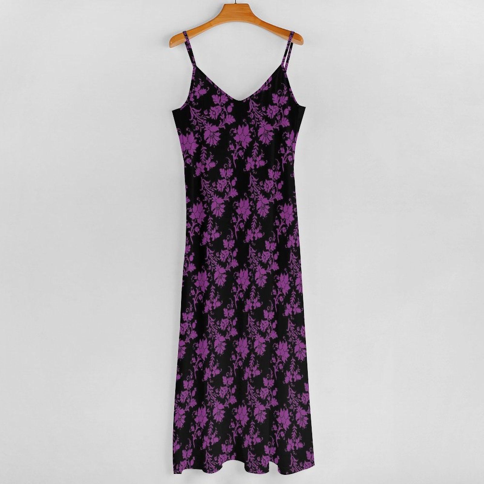 Whimsigoth Maxi Dress, Purple Floral Print, V Neck Spaghetti Strap Sundress