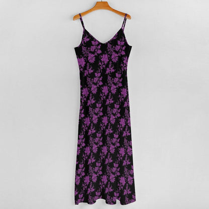 Whimsigoth Maxi Dress, Purple Floral Print, V Neck Spaghetti Strap Sundress