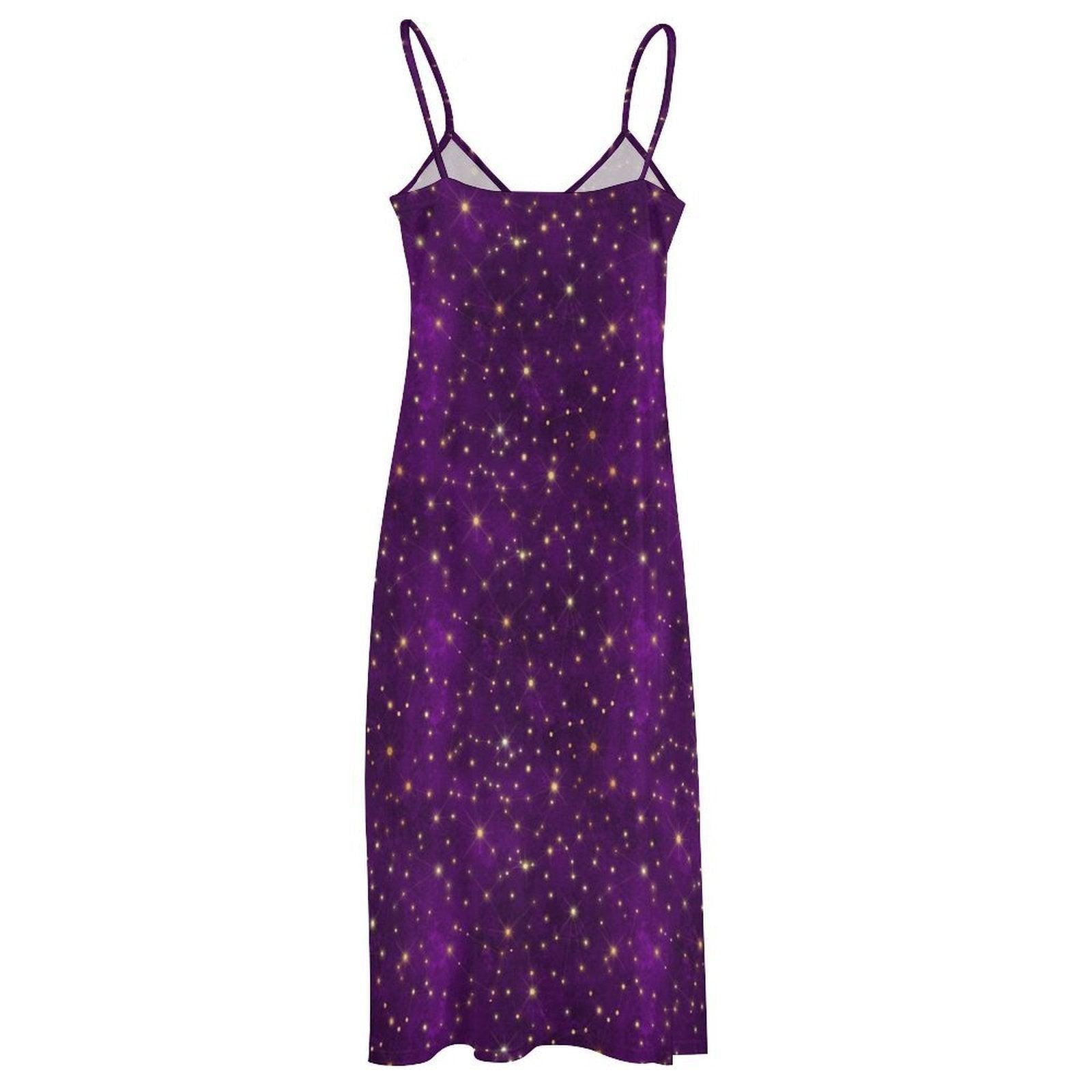 Purple Galaxy Maxi Dress, Starry Night Print Slip Sundress, Celestial V Neck Summer Nights