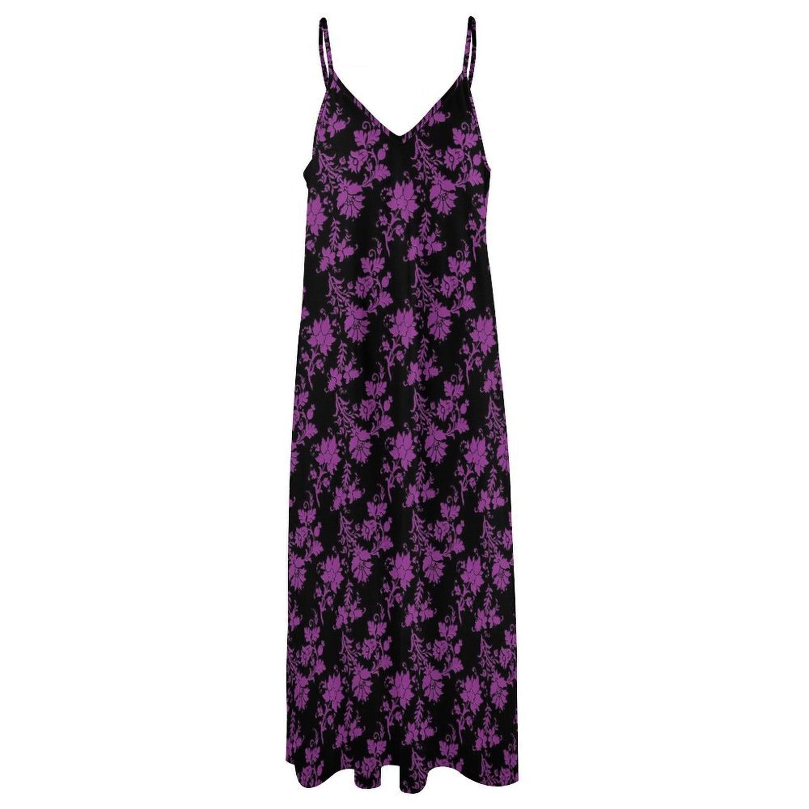 Whimsigoth Maxi Dress, Purple Floral Print, V Neck Spaghetti Strap Sundress